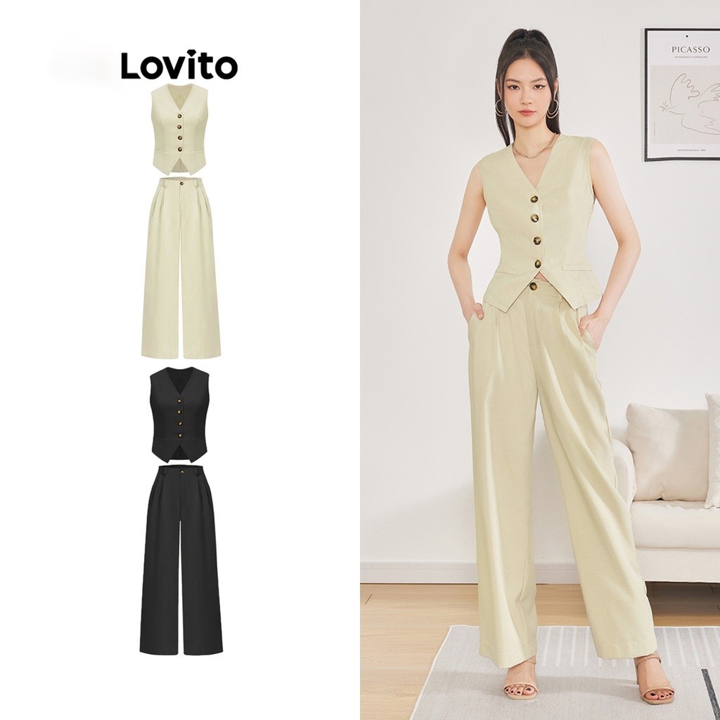 Lovito ชุดเซ็ท ผู้หญิง กางเกงขายาว มีกระเป๋า กระดุมหน้า สีพื้น สไตล์ลำลอง L62ED118 (หลากสี)