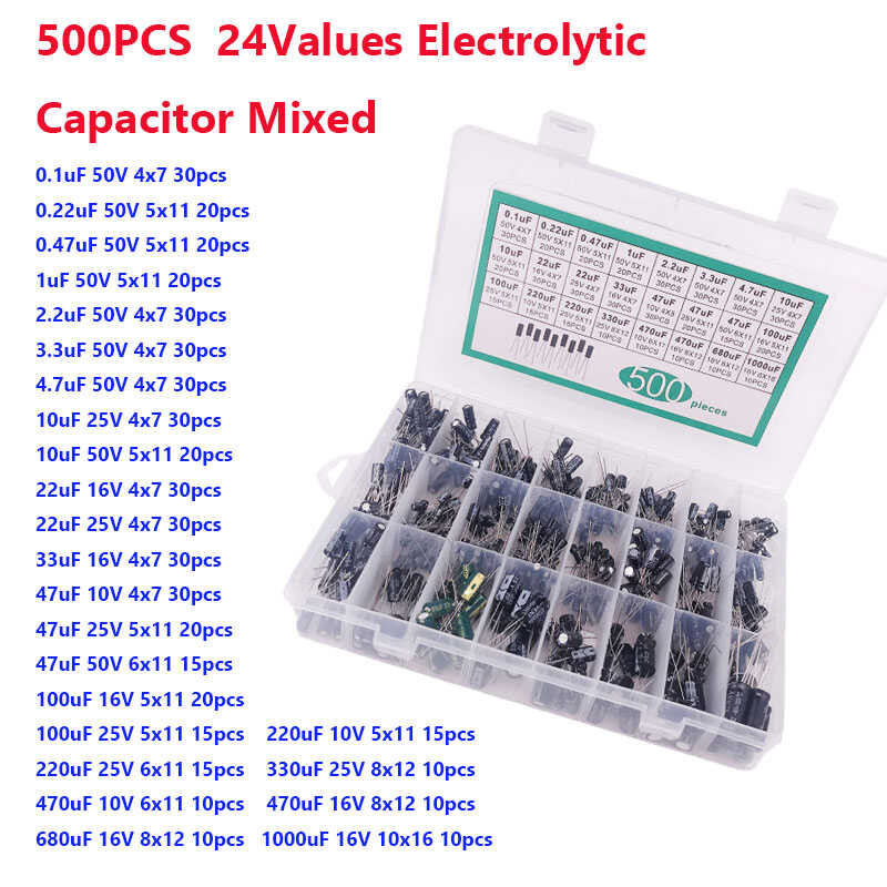 500Pcs 24ค่า0.1Uf-1000U Electrolytic Capacitor ผสม DIP Electrolyte Capacitors 10V 16V 25V 50V ชุดอิเ