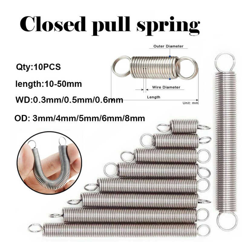 10Pcs 304 Stainles Steel Cylindroid Helical Pullback Extension Tension Coil Spring Wire Diameter 0.3Mm 0.5Mm 0.6Mm