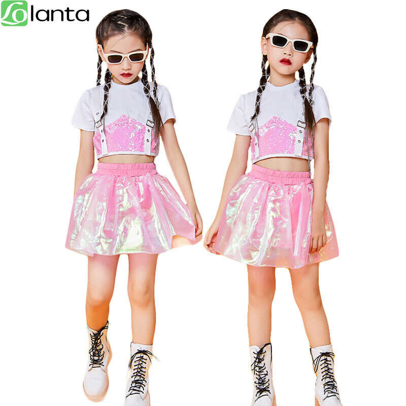 Lolanta 5-14 Years Child White Pink Sequins Cropped Top Skirt Shorts Dance Clothing Kids Jazz Hip-H