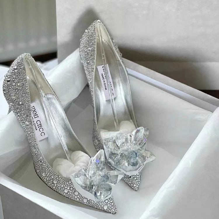 Jimmy CHOO รองเท้าส้นสูง ประดับคริสตัล พลอยเทียม สีเงิน สําหรับผู้หญิง เจ้าสาว งานแต่งงาน 2024