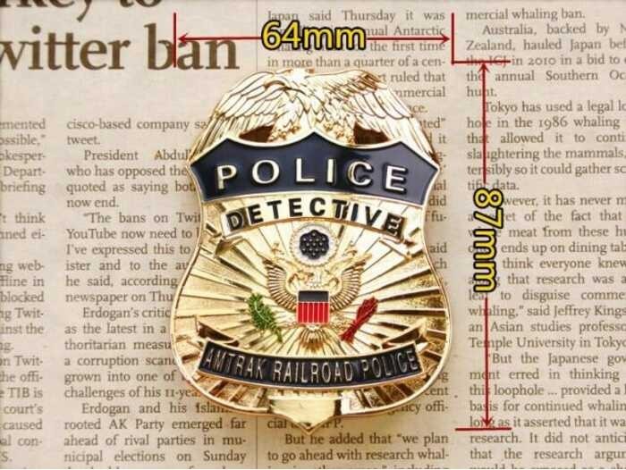 USA Punk yrb1649 Big Brass Badge Amtrak Railrod Cops Detective Motorcycle Metal Large Medal Brooch