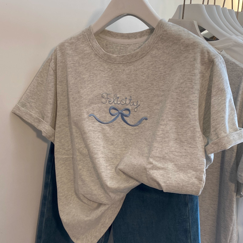 Solovely สไตล์เกาหลี ผ้าฝ้าย เสื้อผู้หญิง งานปัก แขนสั้น คอกลม เสื้อยืด