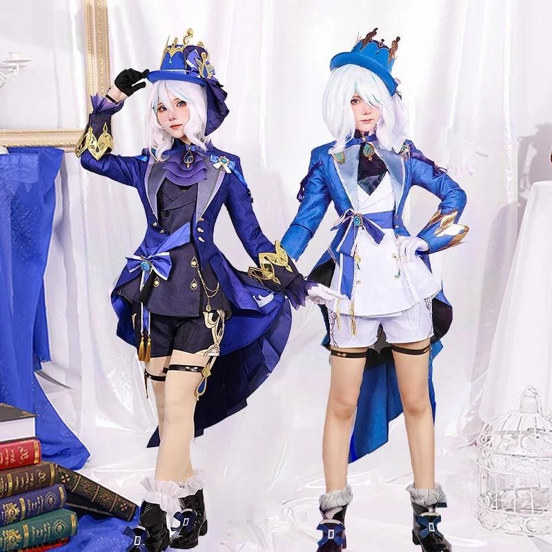 Genshin Impact Furina คอสเพลย ์ เครื ่ องแต ่ งกาย Fontaine ชุดหมวกวิกผมสีดําสีขาวชุดการ ์ ตูน Con ชุดสําหรับผู ้ หญิงฮาโลวีน