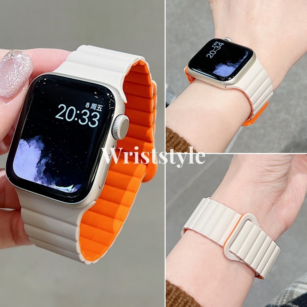 สายนาฬิกาข้อมือ ยางซิลิโคน แม่เหล็ก ใส่สบาย สองสี สําหรับ Apple watch S9 8 7 6 5 4 SE ULTRA iWatch