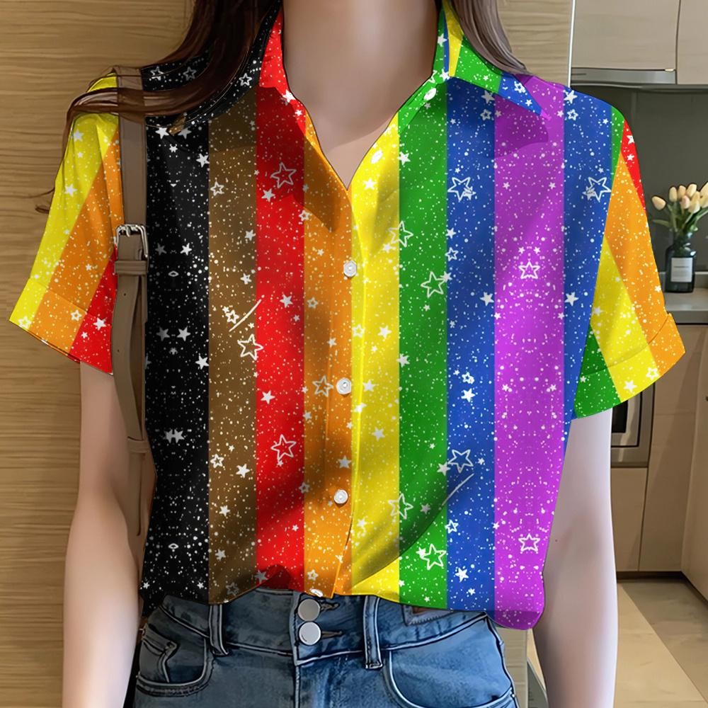 เสื้อดอกไม้สีรุ้งพิมพ์ลายฮาวายแขนสั้นลําลอง ขนาดใหญ่สําหรับผู้หญิง