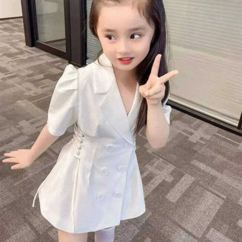Annn Store ♎ Girls' Short-Sleeved Dresses, Girls' New Korean Version Of Pure White Suit Skirts, Mi