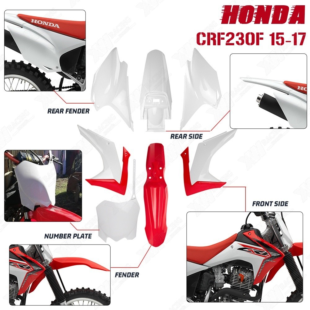 XW RACING ชุดแฟริ่งพลาสติก สีขาว และสีแดง สําหรับรถจักรยานยนต์วิบาก บังโคลน ป้ายเบอร์ สำหรับ XR200 Honda XR150 CRF230 CRF230F 15-17 รถจักรยานยนต์ อุปกรณ์เสริม