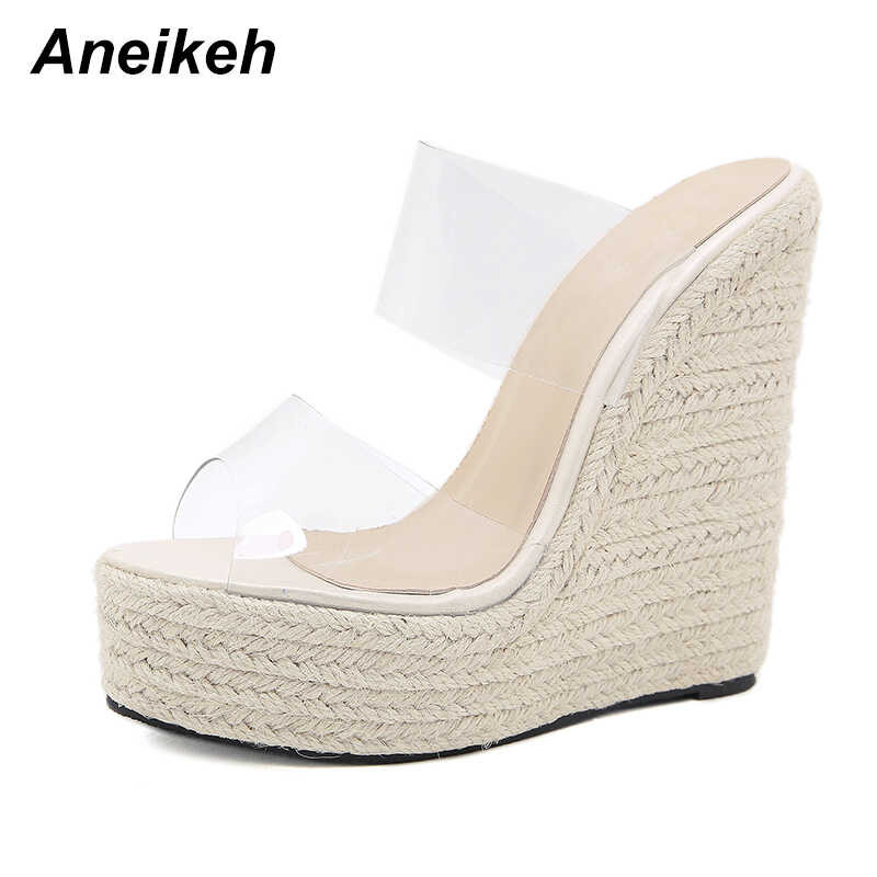 ➧ Aneikeh 2023 Summer Ladies รองเท้าแตะ PVC DAPPER Platform Wedge Slip Party Round Head