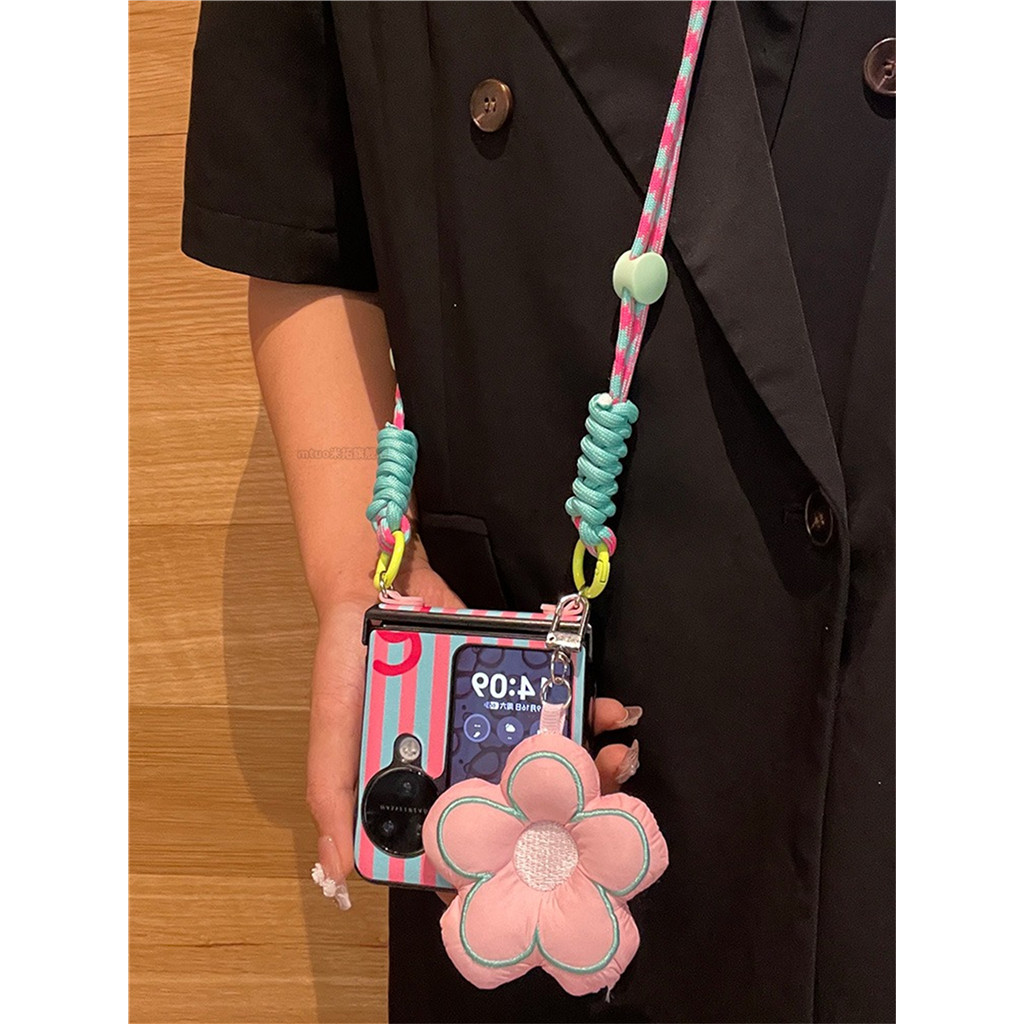 แฟชั่นเชือกเส้นเล็กcrossbodyสายน่ารักสีฟ้าสีชมพูลายดอกไม้เคสโทรศัพท์สําหรับoppo N3Flip N2 Flip N3 Flip N2flip N3Flipปกหลังพร้อมเชือกไหล่