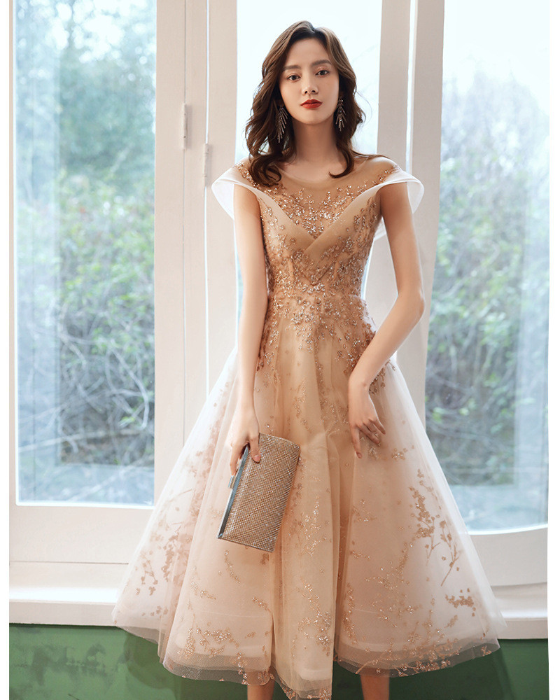 Champagne Banquet Evening Dress Elegant New Fashion Host Student Concert Performance Fashion Mid-le