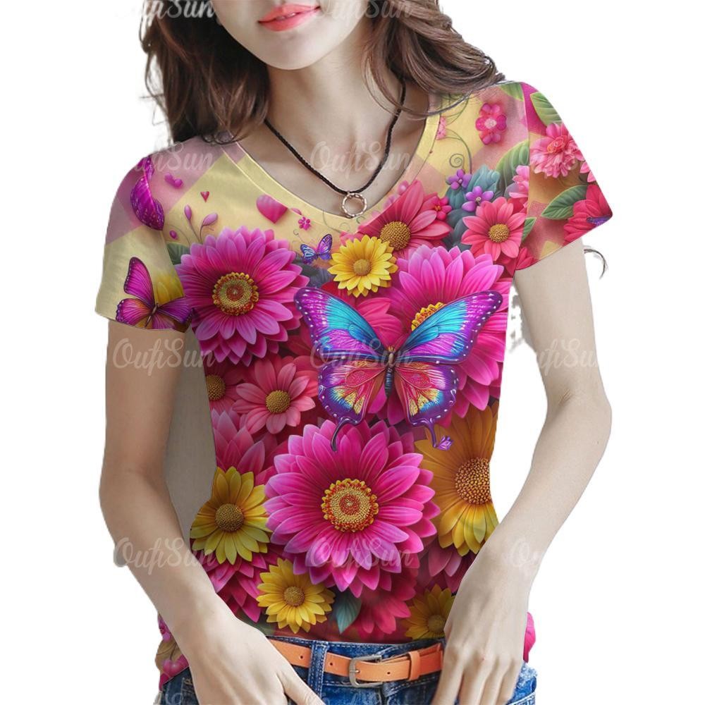 2568 ทีเสื้อสงกรานต์ดอกไม้เสื้อผู้หญิง โวลต์ คอเสื้อดอกไม้เสื้อกลางแจ้งแขนสั้นเสื้อแฟชั่นบิ๊กท็อปส์สงกรานต์เสื้อหญิงที