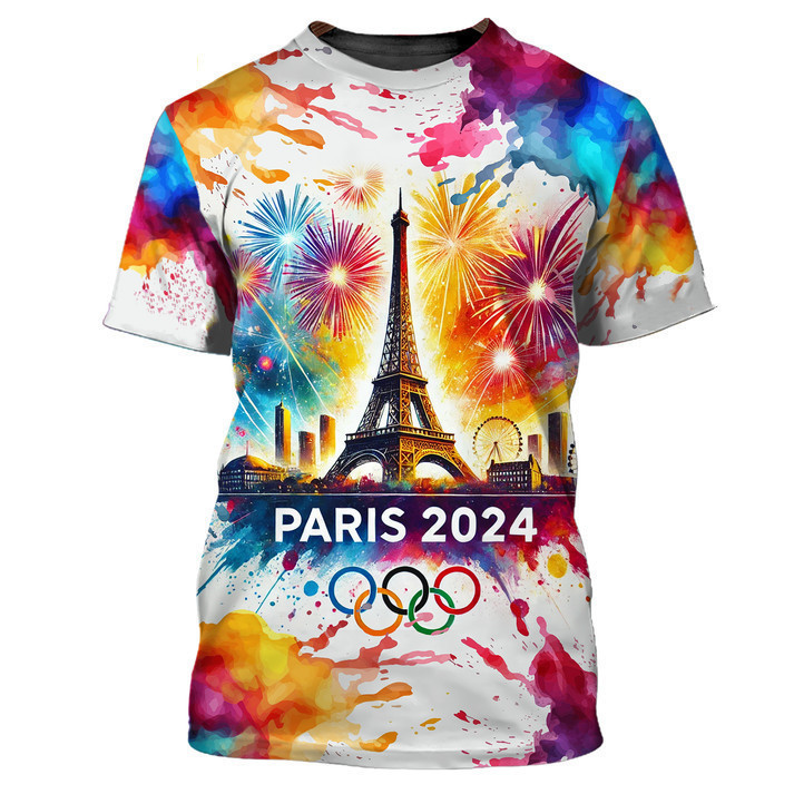 2024 Paris Olympic Games Jeresy เสื้อยืด Paris Olympic Pattern เสื้อยืด Unisex ขนาดใหญ่แขนสั้นสีกีฬา