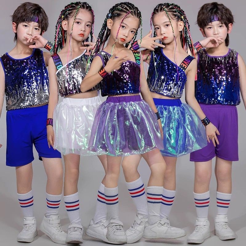 เด็กเชียร์ลีดเดอร์เครื่องแต่งกายสำหรับเด็กวัยหัดเดินประดับด้วยเลื่อม Street Dance เครื่องแต่งกายอิน