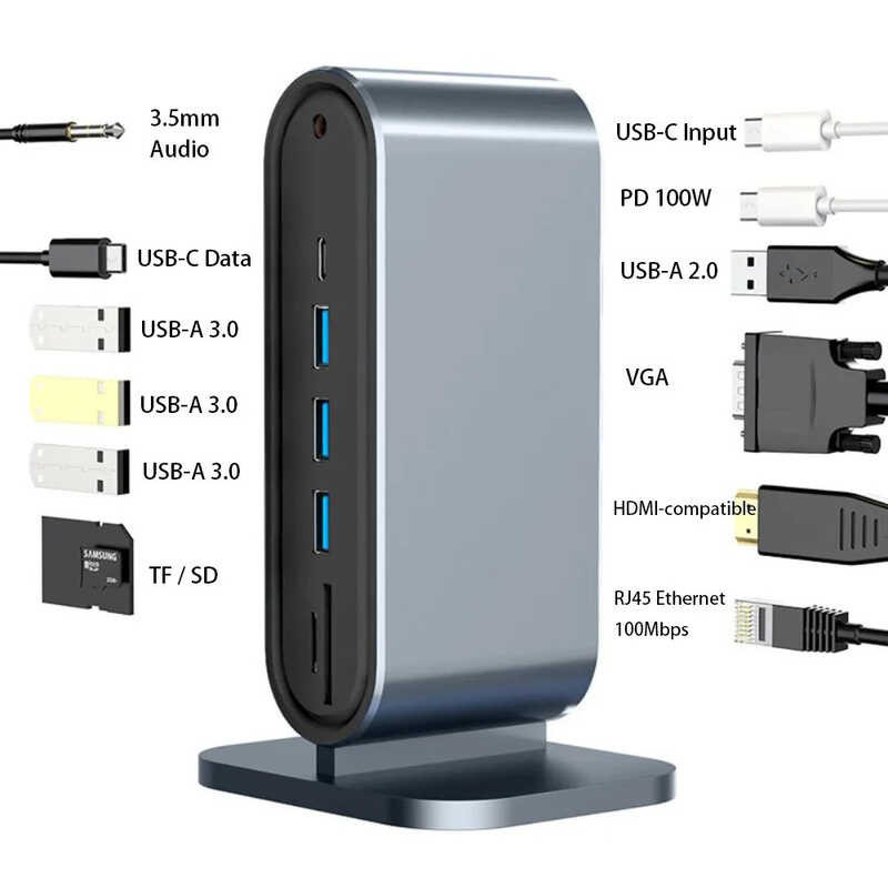 12 In 1 Extension Dock Tipo Type C USB Hub 3 0 2 Extender Dispenser Adapter แนวตั้งกับ HD