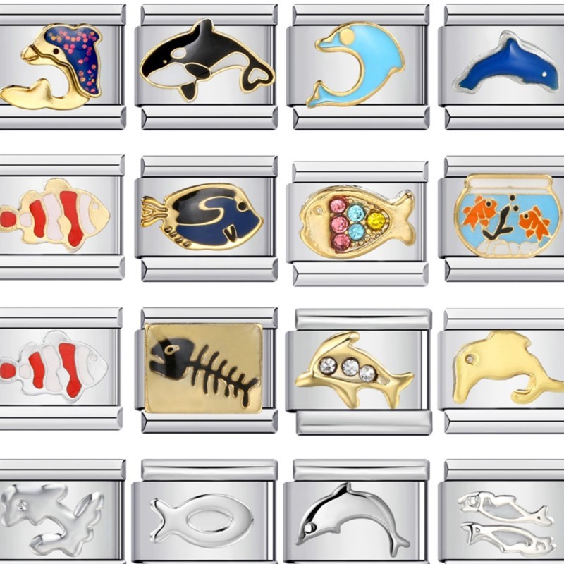 ปลาน่ารัก Dolphin Whale อิตาเลี่ยน Charm Link Fit 9 มม.สร้อยข้อมือสแตนเลส DIY ทําเครื่องประดับแฟชั่นสําหรับผู้หญิงผู้ชาย