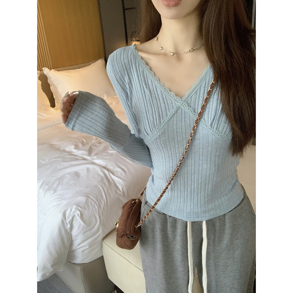 7842 Classy คอวีลูกไม้เย็บ Slimmer ดูเสื้อยืดแขนยาวด้านบน