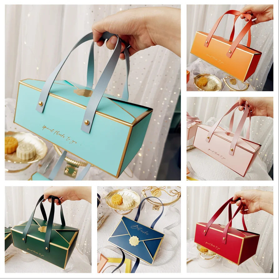 Cake 10pcs Boxes Paper Hand Ribbon Bak Box Package Leather Handle Cookie Chocolate Souvenir Wedd Gi