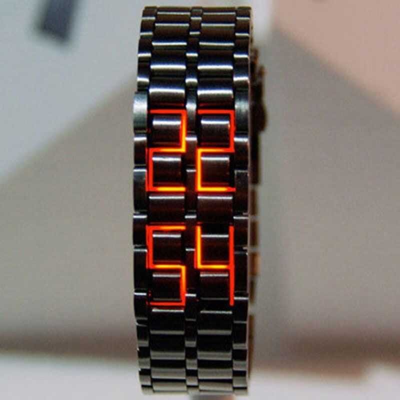 ❤ ◕ Fashion Black Full Metal Digital Lava Wrist Watch Red/Blue LED Display Men 39;S Watches Gif