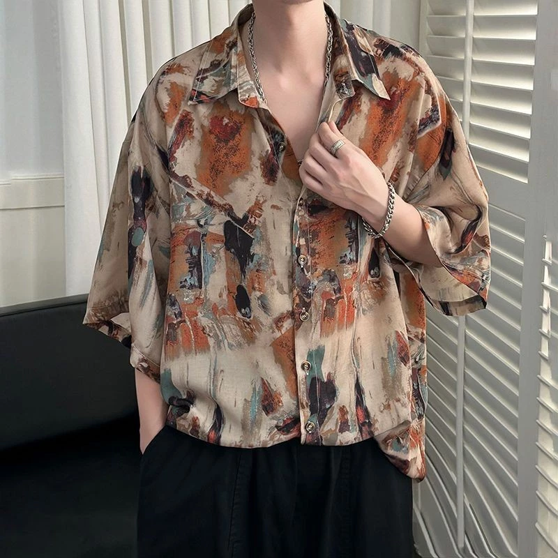 เสื้อเชิ้ตผู้ชายแขนสั้นลายดอก ผ้าไหมน้ำแข็งพรีเมี่ยม thumbnail 10