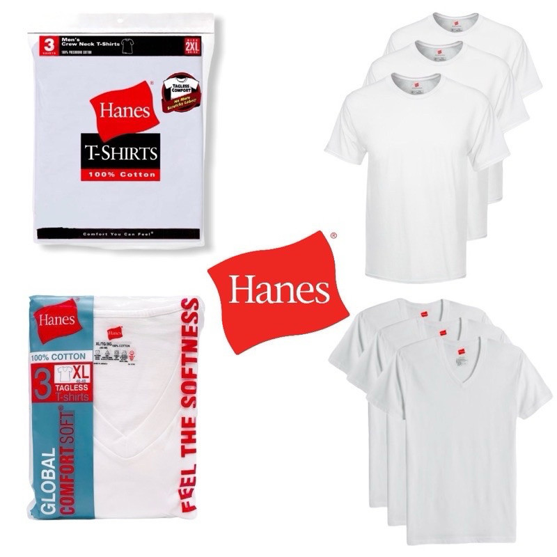 Hanes PLAIN เสื้อยืดสีขาว 3 in 1 PACK / คอวีหรือคอกลม / คุณภาพระดับพรีเมียม / COTTON UNISEX