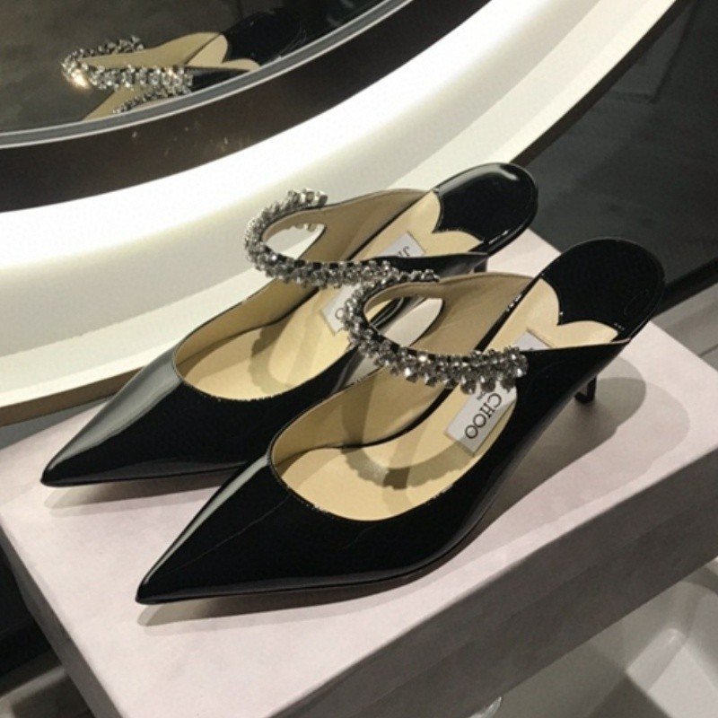 6.5ซม. Jimmy Chooรองเท้าแตะส้นสูงส้นกลางStilettoหนังแกะสีดําคริสตัลปุ่มแฟชั่นเกาหลีรุ่นรองเท้าแตะSe
