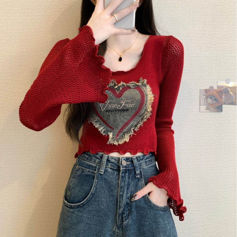 Hollow Hot Girl Love Denim Patch Ear Edge เสื้อกันหนาวแขนยาวสไตล์ใหม่