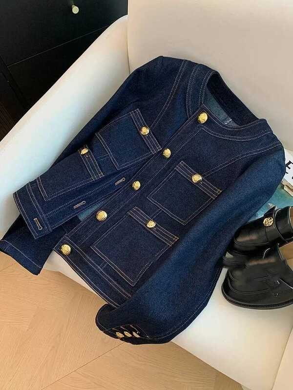 ▥ Blue Denim ผู้หญิงฤดูใบไม้ร่วงสไตล์คลาสสิกสั้นเสื้อใหม่เกาหลีแฟชั่น Chic กระเป๋า O-คอหญิง Rop