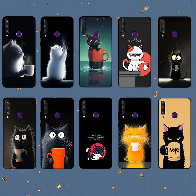 สําหรับ Huawei Y6P Y7A Y8P Y9A Y5 Y6 Prime Caricature cat พร้อมแก้วเคสโทรศัพท์ป้องกันการตก