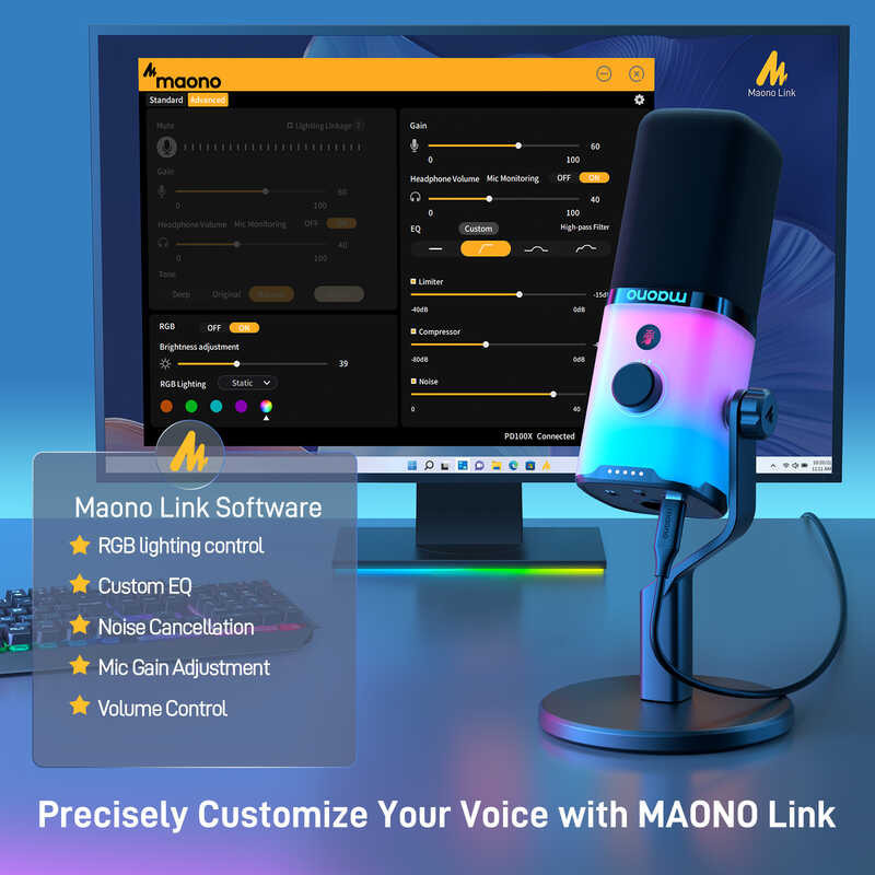 MAONO Pd100x RGB Usb&Xlr Dual Mode USB Dynamic ,Noise Cancellation Gaming Microphone Pc, Usb-C Mobi