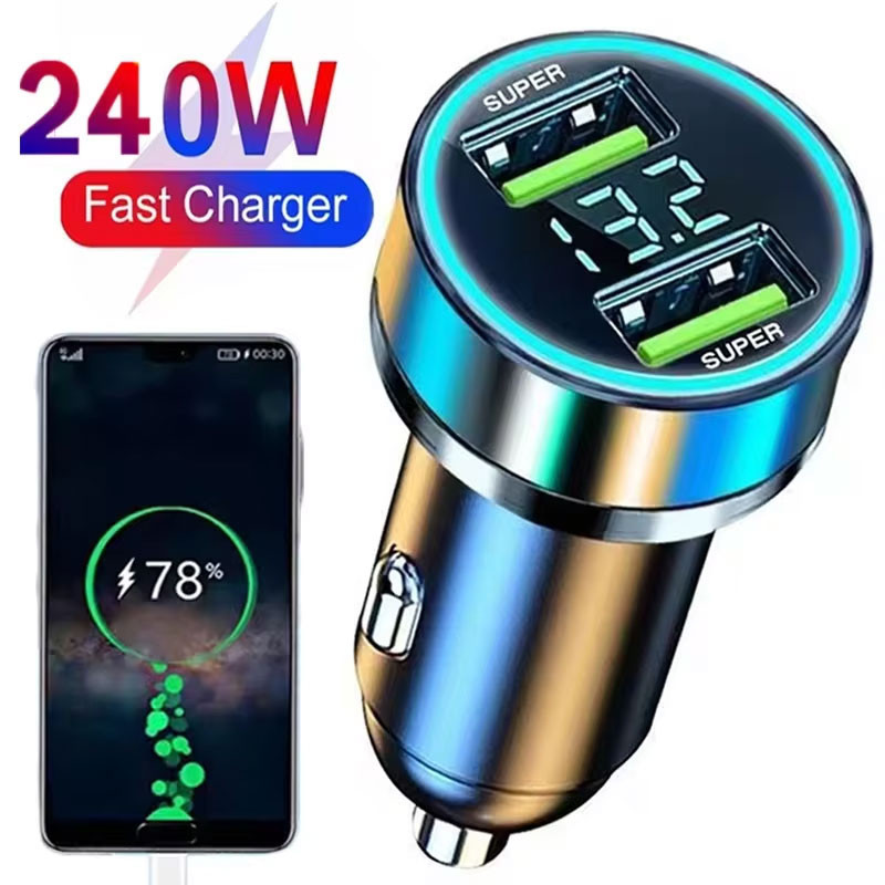 120w 240W Dual Port USB Car Charger พร้อมไฟ LED เครื่องวัดแรงดันไฟฟ้า Super Fast Charging อะแดปเตอร์สําหรับรถยนต์สําหรับ Samsung OPPO