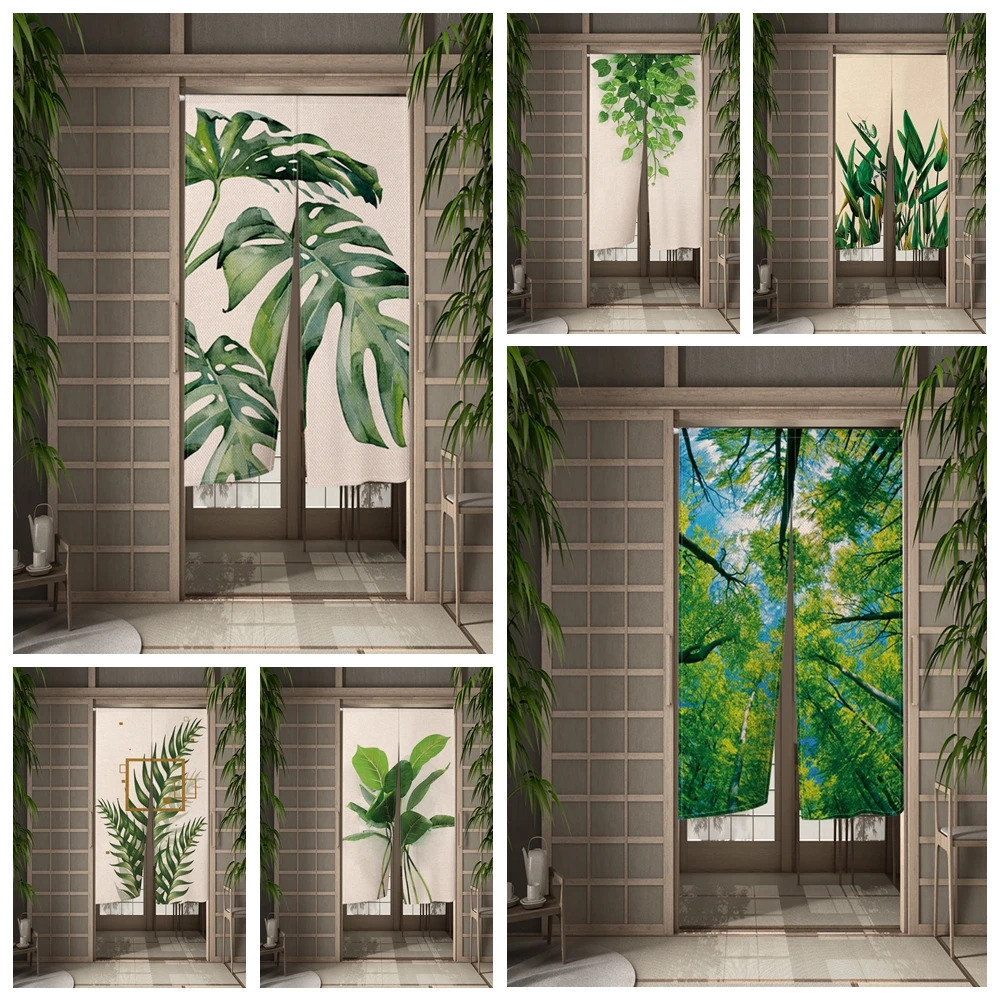 สีเขียวใบผ้าม่านประตูญี่ปุ่น Paron Botanical แขวนผ้าม่านห้องครัวห้องนอน Noren Cortinas Entrance Doorway ตกแต่ง