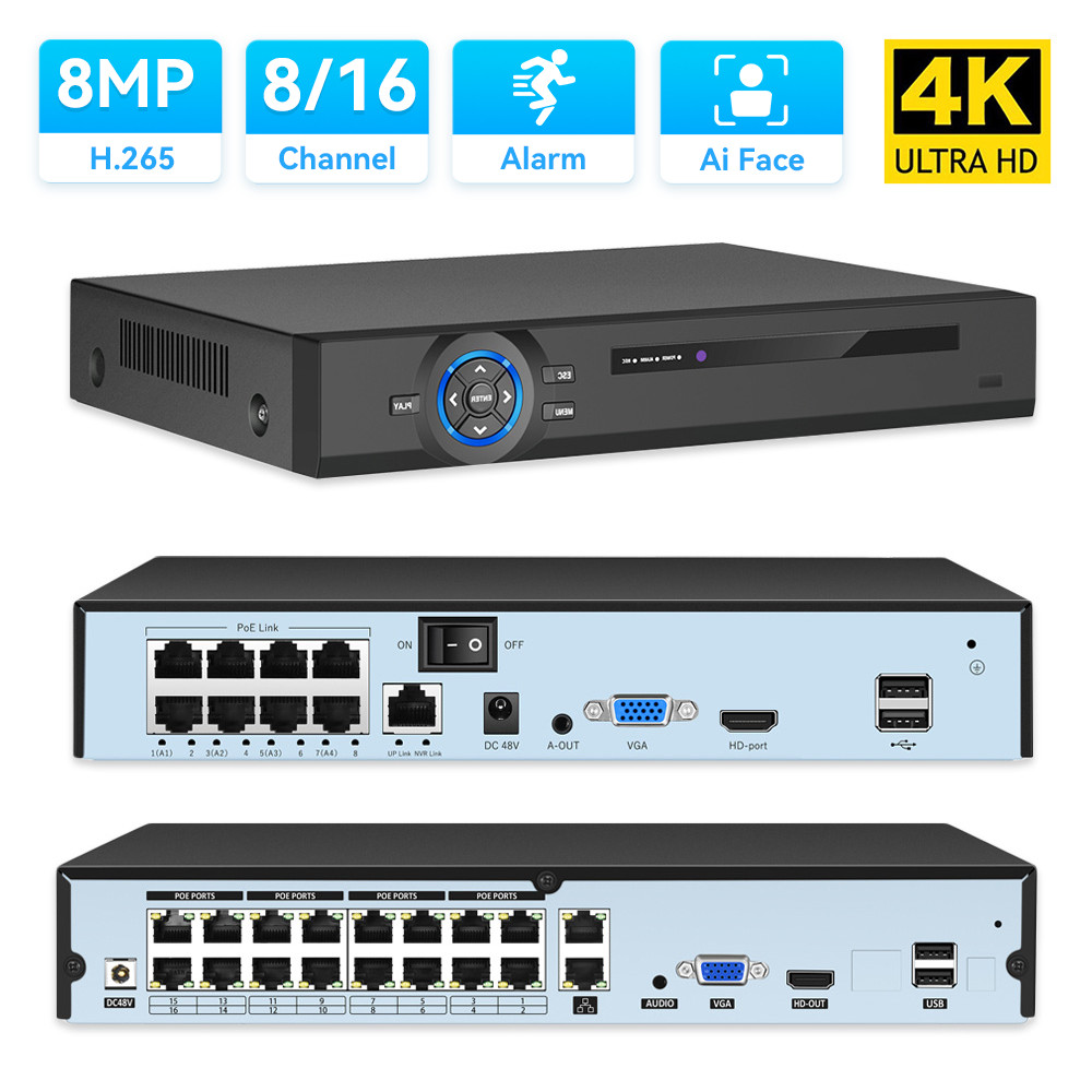 Hamrol เครื่องบันทึกวิดีโอ 16CH 8CH 4K 8MP H.265 48V PoE NVR 5MP 4MP 3MP สําหรับกล้อง Ultra HD 4K P