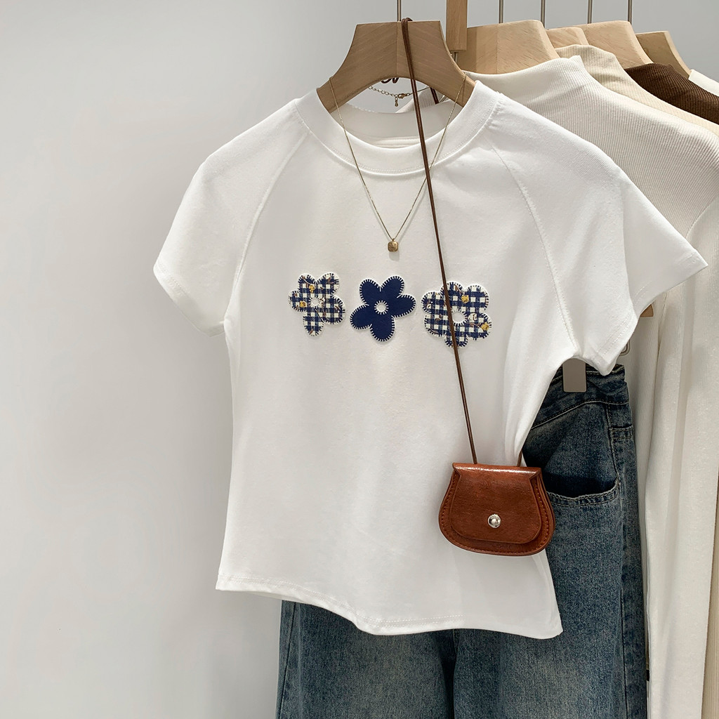 91662 สั้นดอกไม้พิมพ์ แร็กแลน เสื้อยืดแขนสั้นผู้หญิง