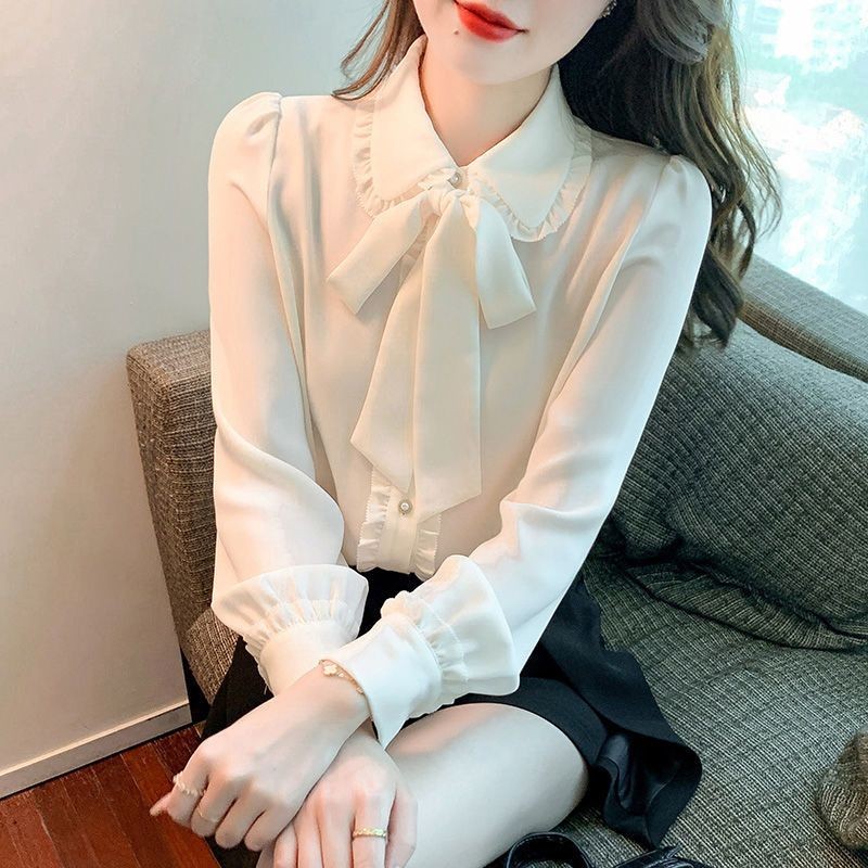 เสื้อแขนยาวพร้อมโบว์สำหรับผู้หญิง ออกแบบเฉพาะตัวในสไตล์เกาหลี ทรงคล่องแคล่วแบบเรียบหรู และทำจากชีฟอง