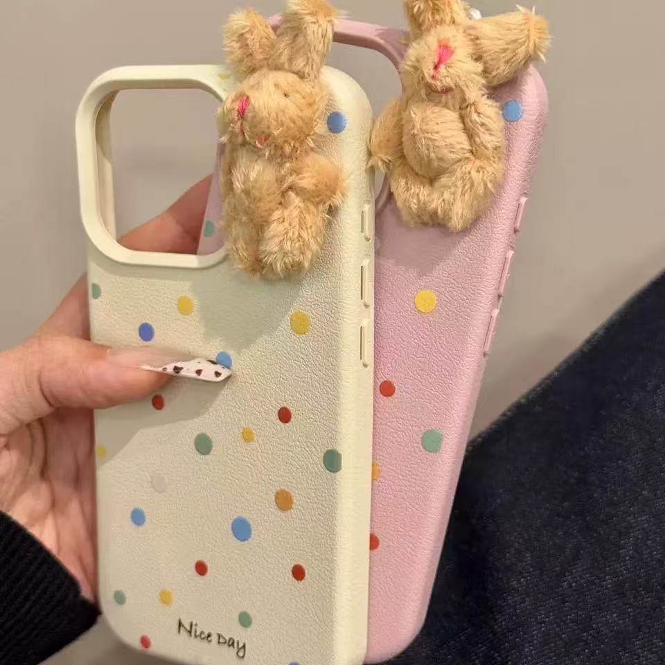 Creative Polka Dot สามมิติตุ๊กตากระต่ายเหมาะสําหรับ ihone16promax Apple 15pro เคสโทรศัพท์ 1413