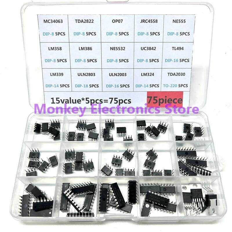 IC ชุดวงจรรวม DIP 75 ชิ้น กล่อง LM358 LM386 ULN2003 NE555 MC34063 TL494 LM324 TDA2030 LM339 ULN2803