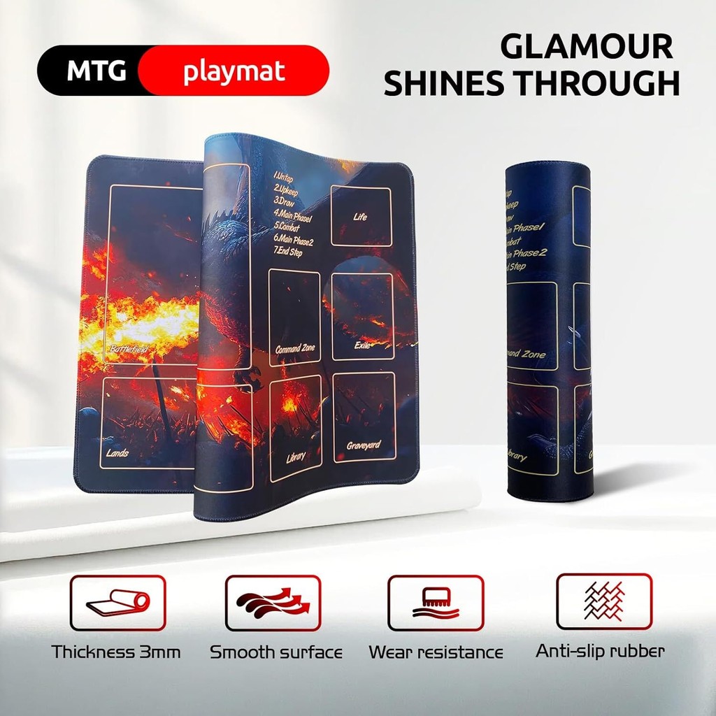 MTG Playmat TCG DND Game Mat Magic The Gathering Play Mat, การออกแบบขอบล็อค, กันลื่นและทนทาน (Dragon 2)