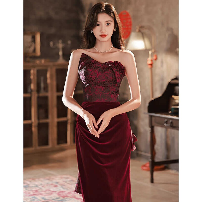 ❤ Glary Star Tube Top Toast Bride Wedding Out Court Thank You Wine Red Evening High-End Fishta