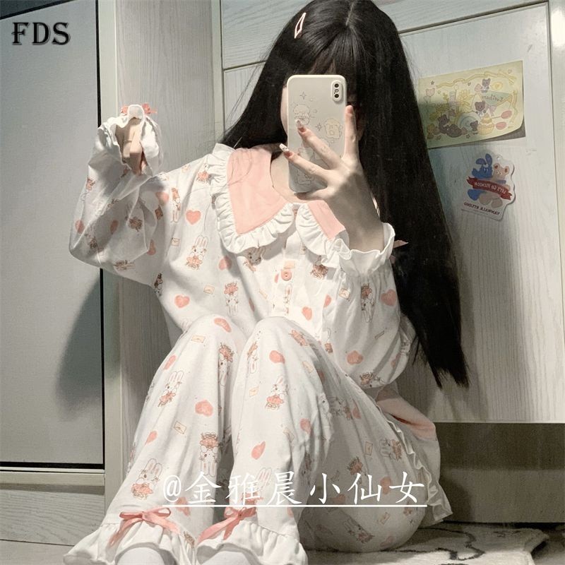 Fds ชุดนอนกระต่ายน่ารัก สําหรับผู้หญิง ฤดูใบไม้ผลิและฤดูใบไม้ร่วง ใหม่ สไตล์เกาหลี แขนยาว คอตุ๊กตา