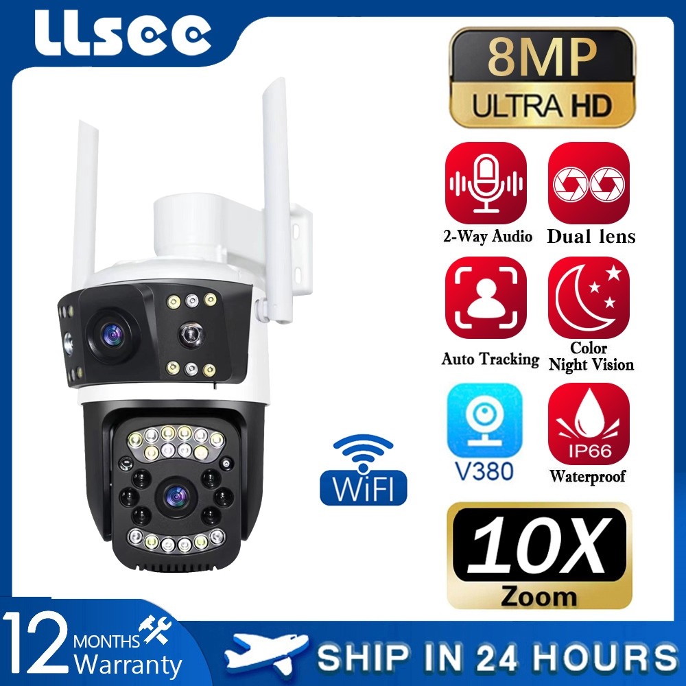 LLSEE V380 เลนส์คู่ 8MP 4K กล้องวงจรปิดไร้สายกลางแจ้งกันน้ำ WIFI 360 PTZ การเฝ้าระวังการเคลื่อนไหวก