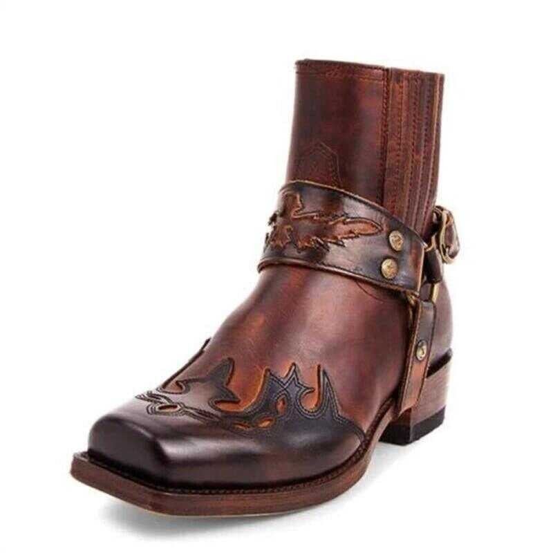 2 Fashion Men's Vintage Cowboy Leather High Top Chain Buckle Strap Punk Shoes Pointed Toe Bike