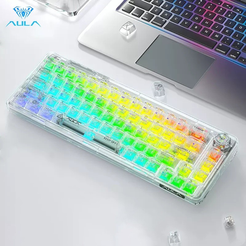 AULA F68 68 คีย์บอร์ดเชิงกล 2.4G บลูทู ธ แบบมีสายคีย์แคป RGB ประสิทธิภาพแสง Hot Plug Keyboard