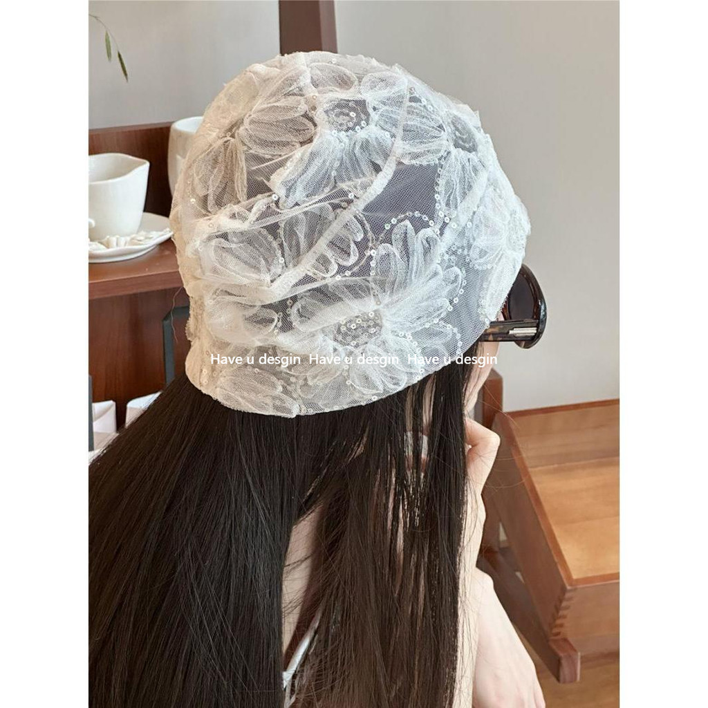 มี u desgin
 ฝรั่งเศสบางลูกไม้ประดับด้วยเลื่อมดอกไม้เสื้อสวมหัวหมวกหญิงย้อนยุคญี่ปุ่นฤดูร้อนผ้าคลุมศีรษะหมวกที่ดีงามผ้าโปร่งด้านบนหมวกอินเทรนด