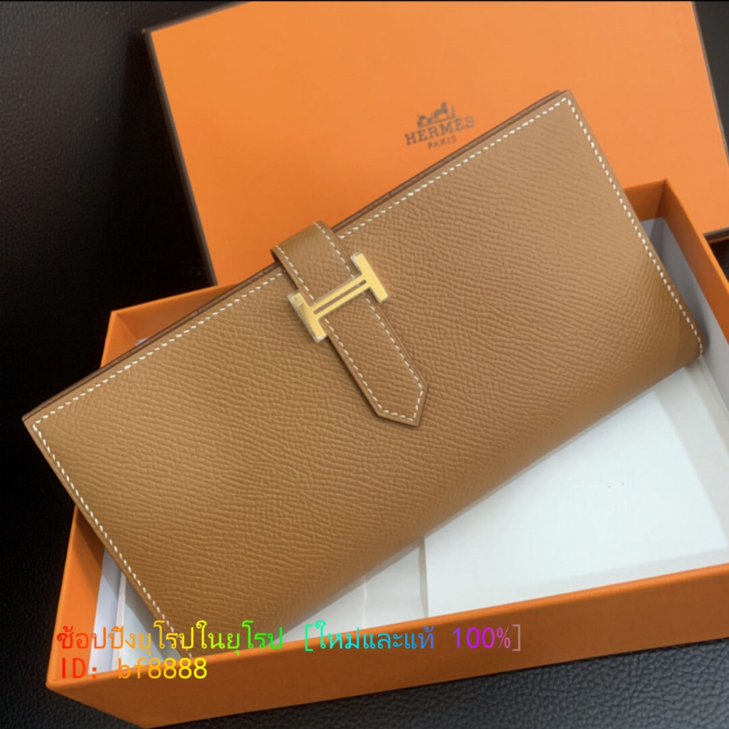 HERMES Bearn Epsom หัวเข็มขัดทอง/ช้างสีเทาน้ำตาลทองกระเป๋าสตางค์ผู้หญิงแบบคลิปยาว