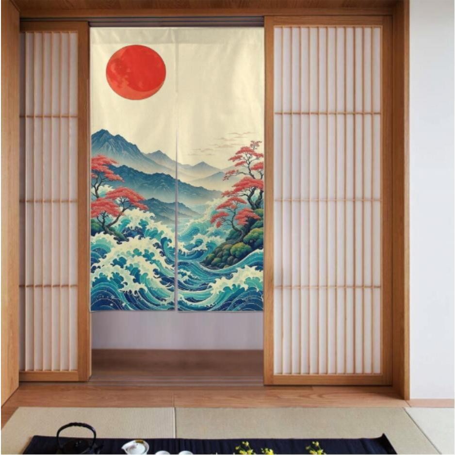 Linya ng Kislap Curtain Studio- Ukiyo e Sunrise Waves Mountain View Door Curtains (เนื้อผ้าลินิน Cha