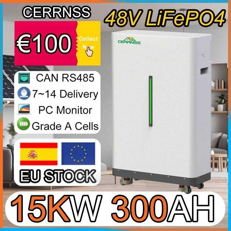 แบตเตอรี่ LiFePO4 ขนาด 15KW 48V 30KW 5KW 600Ah 100AH ชุดแบตเตอรี่ 16S 200A BMS แบบพกพาพร้อมล้อ 51.2V