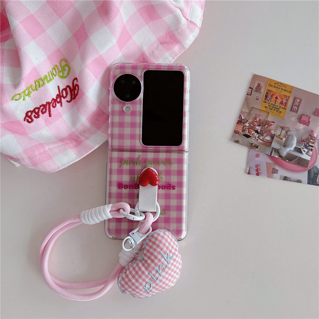 Ins เกาหลี Fresh Simple Lattice กรณี Love Heart เชือกแบบพกพาสําหรับ OPPO ค้นหา N2 Flip ค้นหา N3 Flip