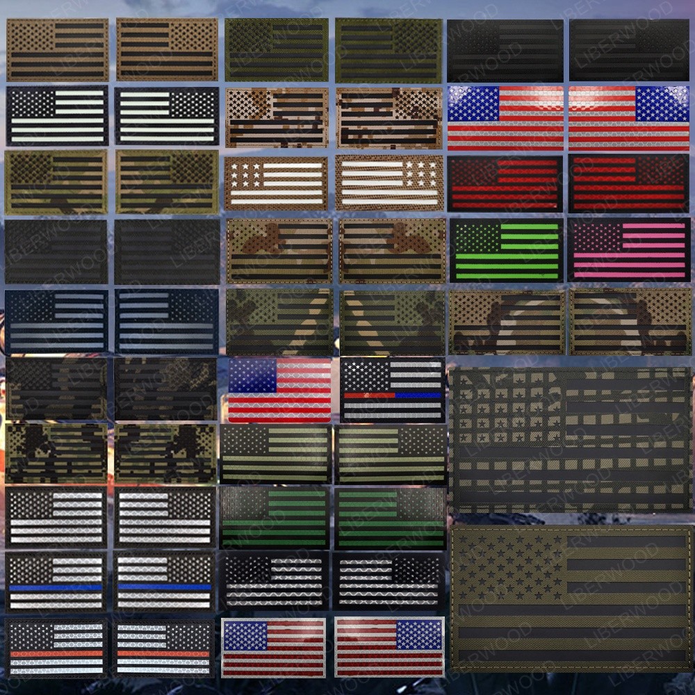 สะท้อนแสง US USA Flag Patch Reversed Multicam อินฟราเรด IR สหรัฐอเมริกายุทธวิธีทหาร Fastener Backing Emb