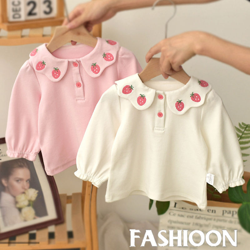 สาวเสื้อยืดฤดูใบไม้ร่วงสไตล์ใหม่เด็กแฟชั่นผ้าฝ้ายแท้สีชมพูเสื้อแขนยาว
